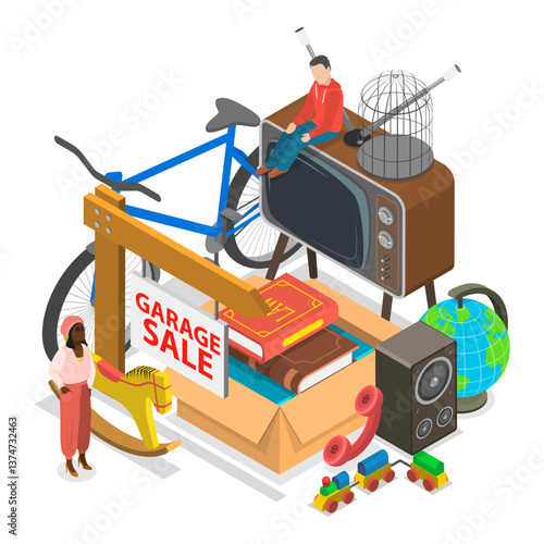 3D Isometric Flat Vector Illustration of Garage Sale, Flea Market, Bazaar. Item 3