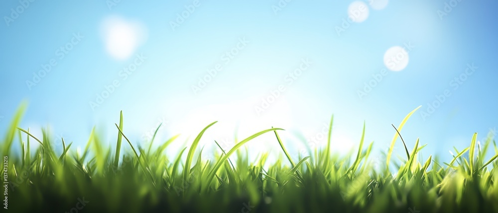 Fototapeta premium Fresh Green Grass with Bright Sky Background Low Angle View