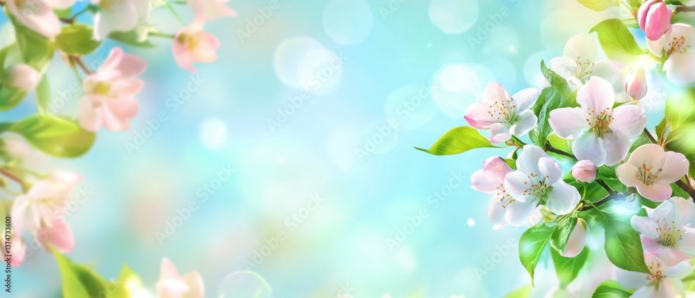Blooming Apple Flowers Branch with Blurred Spring Background and Bokeh Lights Blooming Apple Flowers Branch with Blurred Spring Background and Bokeh Lights