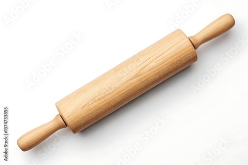 A simple wooden rolling pin, ready to create delicious treats in a home kitchen, showcasing its smooth, light-colored wood and classic design against a bright white background.