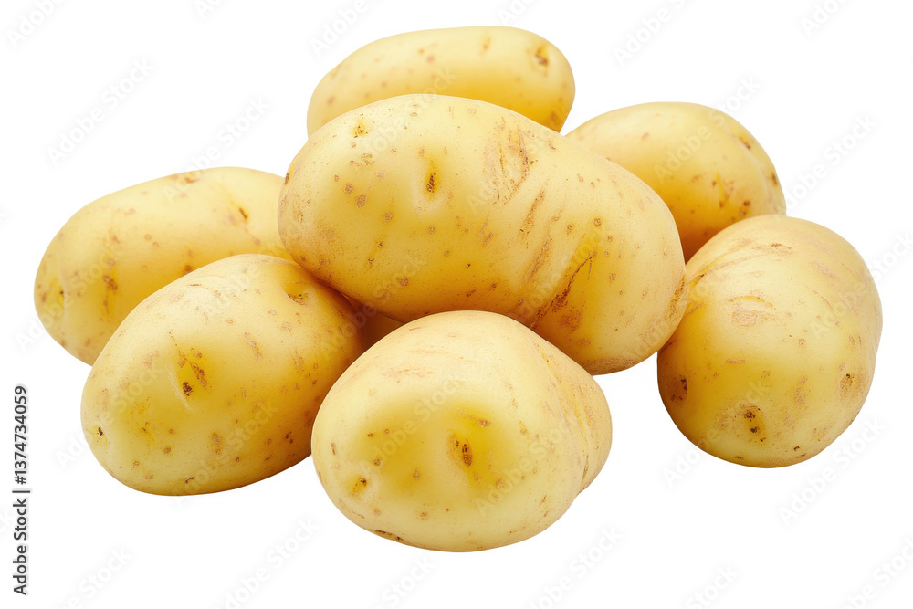 Fresh whole potatoes with smooth yellow skin, arranged against a clean white background in high detail isolated on transparent background Fresh whole potatoes with smooth yellow skin, arranged against a clean white background in high detail isolated on transparent background