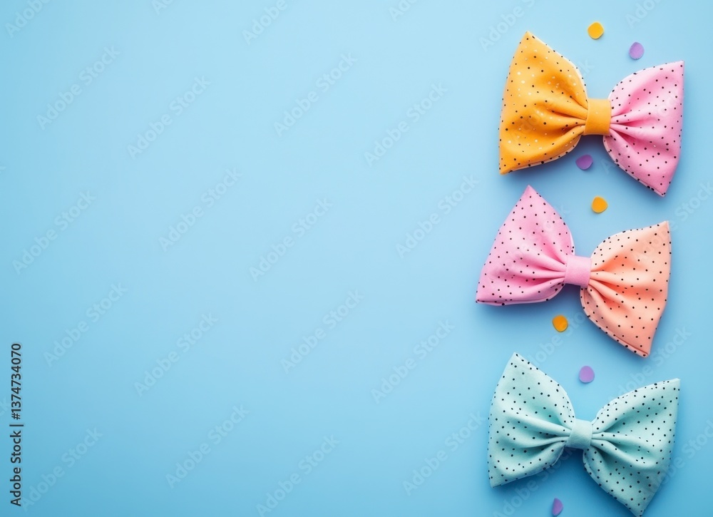 Arrangement of Colorful Polka Dot Bows on Light Blue Background with Confetti
