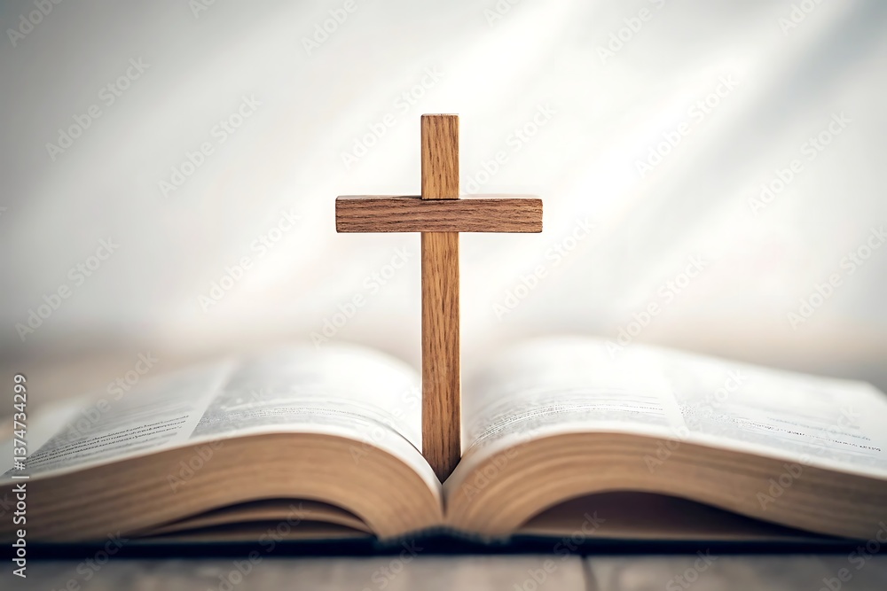 A wooden cross standing tall on an open Bible, symbolizing faith, hope, and spiritual guidance in soft, warm light. A wooden cross standing tall on an open Bible, symbolizing faith, hope, and spiritual guidance in soft, warm light.