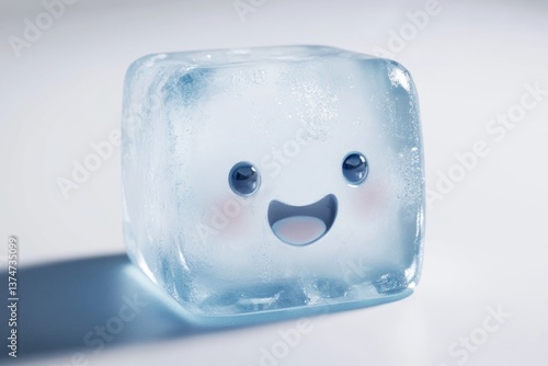 A happy ice cube with a cute cartoon face, melting slowly on a white surface.