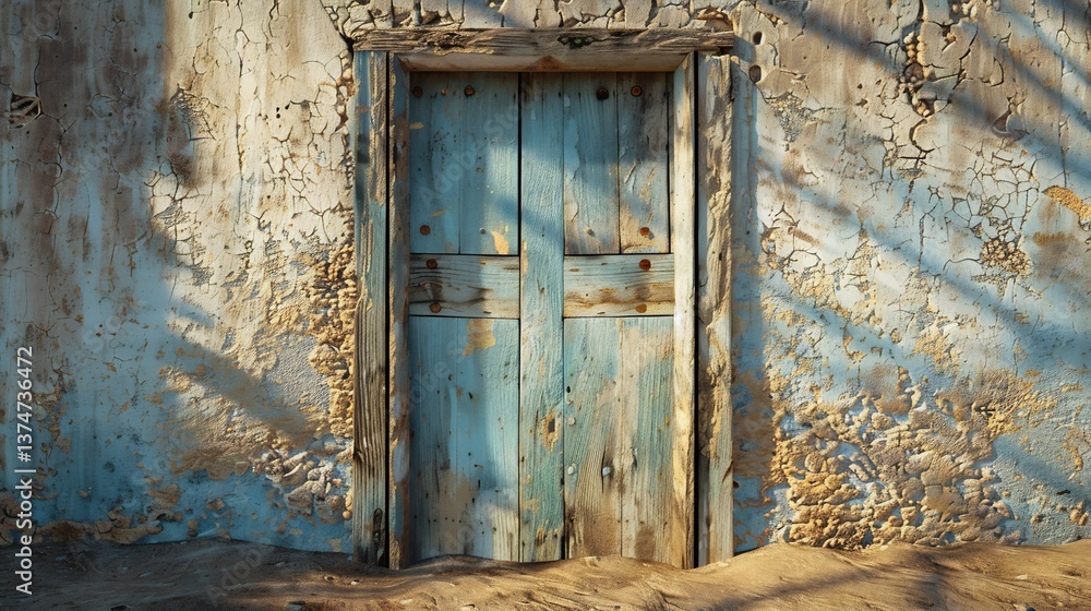 Naklejka premium Photorealistic closeup of weathered wooden door opened wide sunlit desert detailed texture of peeling paint rough wood grain highlighted bright natural light fine sand swirling gently around frame
