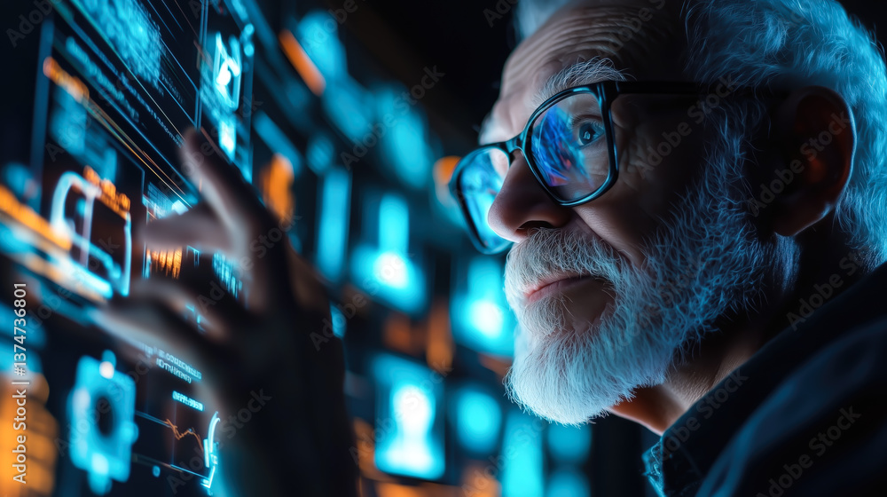 An elderly man engages with futuristic technology. The concept of how technology bridges generational gaps and enhances accessibility for all ages. Generative AI. An elderly man engages with futuristic technology. The concept of how technology bridges generational gaps and enhances accessibility for all ages. Generative AI.