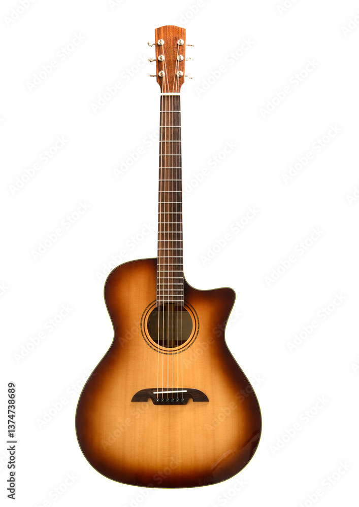 Naklejka premium A sunburst pattern steel string guitar on white background