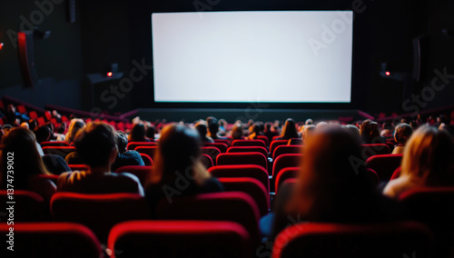A cinema screen with people sitting in the seats, watching a movie on it. The background is dark and blurred, focusing attention on an empty white frame above the large screen. 