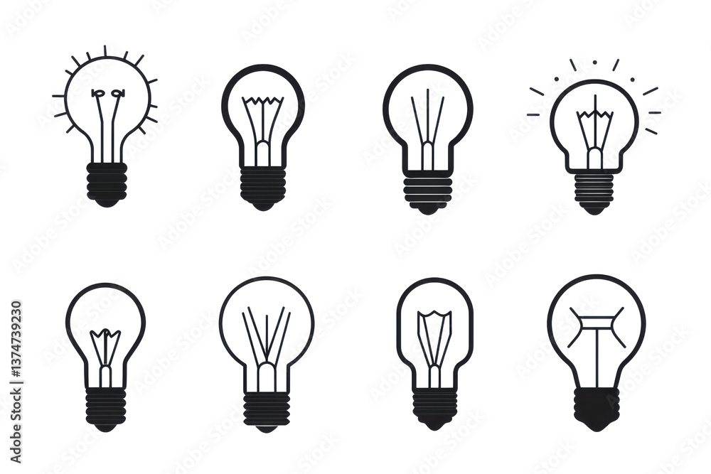 Collection of eight light bulb icons in black and white on a black background design element Collection of eight light bulb icons in black and white on a black background design element