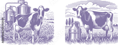 Set of Engraving Cow Standing in a Pasture with Milk Tank – Rustic Farm Illustration Designs cow, farm, animal, milk, tank, dairy, livestock, agriculture, farm equipment, illustration, engraving