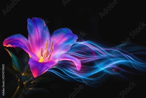 Vibrant purple flower with glowing swirls creating a magical atmosphere in a dark backdrop