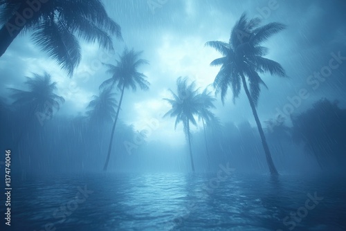 Tropical storm over ocean with palm trees visible. Dark  brooding  blue weather  heavy rain  hazy