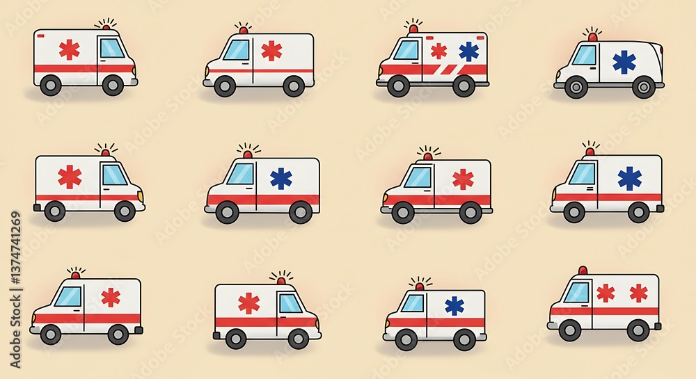 Naklejka premium Emergency Ambulances with Star of Life Seamless Pattern for Medical Use