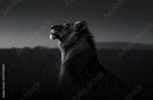 The image features a male lion posing majestically in stark black and white hues
