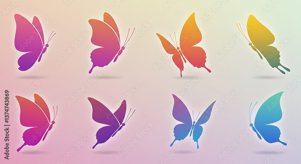Colorful Butterfly Silhouettes Flying on Soft Gradient Background Art Colorful Butterfly Silhouettes Flying on Soft Gradient Background Art