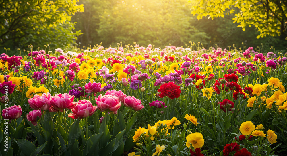 Fototapeta premium Colorful flowers and greenery, offering a fresh and spring-like atmosphere, perfect for romantic or nature-themed projects