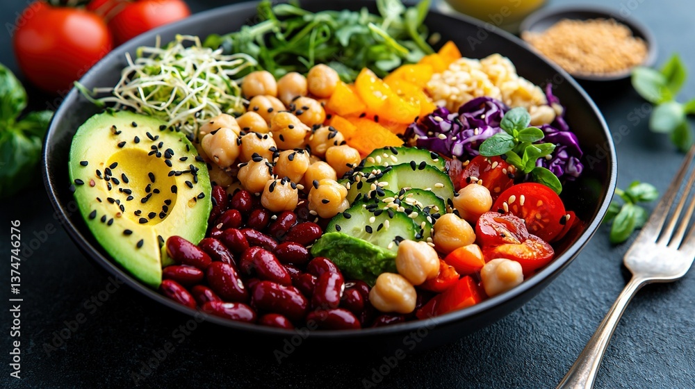 A zoomed-in image of a dish containing beans, avocado, tomatoes, cucumber, and various vegetables A zoomed-in image of a dish containing beans, avocado, tomatoes, cucumber, and various vegetables