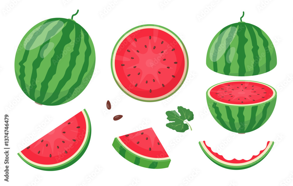 Watermelon fruits icons. Whole watermelon, cut and pieces, leaf and seeds. Organic fruit for juice, smoothie or vitamin healthy food. Vector illustration isolated on white background. Watermelon fruits icons. Whole watermelon, cut and pieces, leaf and seeds. Organic fruit for juice, smoothie or vitamin healthy food. Vector illustration isolated on white background.