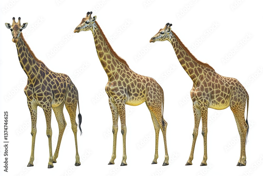 Obraz premium A trio of giraffes is shown from the front, isolated on a white backdrop