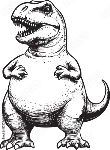 Cartoon tyrannosaurus rex standing upright with detailed black and white lines. Vector illustration