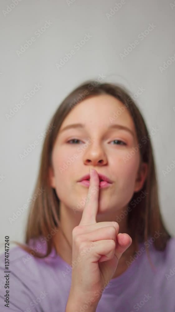 Studio shot of female hands with a finger to the lips, signaling silence or secrecy, with the model out of focus, on a white isolated background Studio shot of female hands with a finger to the lips, signaling silence or secrecy, with the model out of focus, on a white isolated background