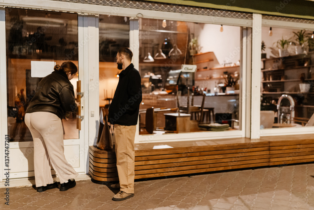 Φωτογραφία White young female cafe owner and White young man with a beard standing outside their cafe, closing up for the night, as they prepare to lock the door and end the workday