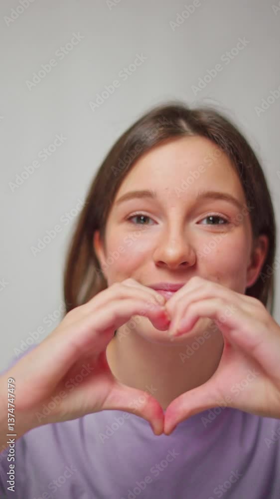 Close-up studio shot of a girl showing a heart gesture with her hands, symbolizing love and affection, on a white isolated background Close-up studio shot of a girl showing a heart gesture with her hands, symbolizing love and affection, on a white isolated background