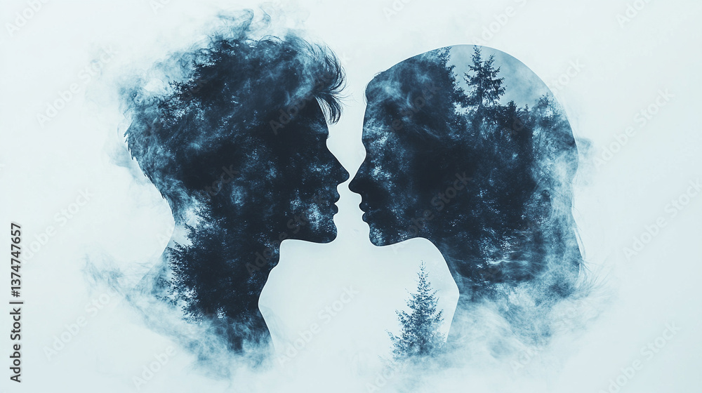 A powerful multiple exposure of a man and woman intertwined, symbolizing the emotional complexities of long-distance love, loss, and the fleeting nature of life with a A powerful multiple exposure of a man and woman intertwined, symbolizing the emotional complexities of long-distance love, loss, and the fleeting nature of life with a