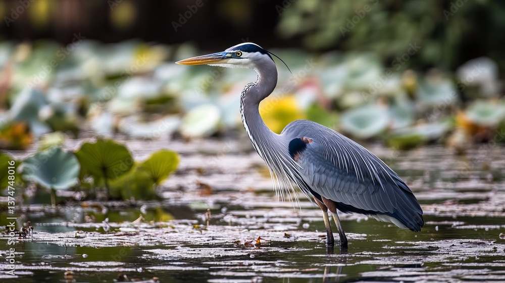 Naklejka premium A great blue heron standing in shallow water surrounded by lily pads in a natural environment