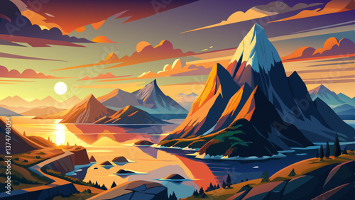 Sunset above the Husfjellet Mountain on Senja Island in northern Norway with views over surrounding fjords and mountains.