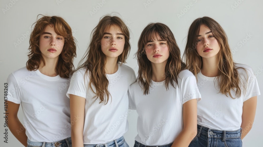 Four Women in White T-Shirts with Long Hair Posing for Group Portrait Four Women in White T-Shirts with Long Hair Posing for Group Portrait