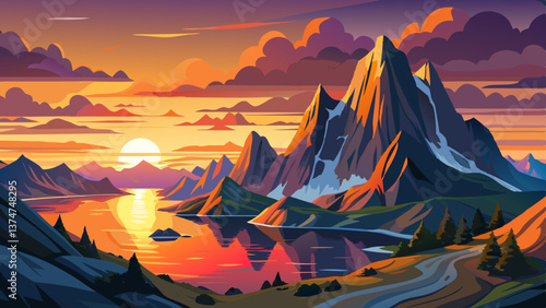 Sunset above the Husfjellet Mountain on Senja Island in northern Norway with views over surrounding fjords and mountains.