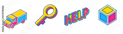 Groovy retro isometric truck, key, help and icon set for creative design and fun illustrations