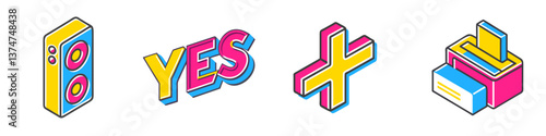 Retro speaker, yes letters, plus and printer icon set with groovy isometric design for fun and creative projects