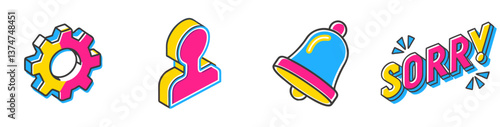 Groovy retro gear, avatar, sorry text and bell icon set in isometric style for tech design and fun creativity