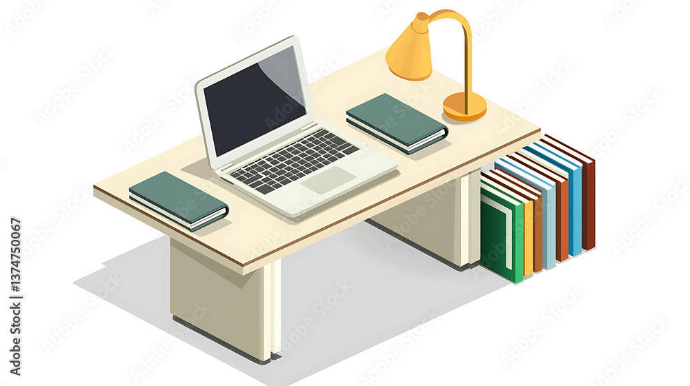 A laptop sits on a desk with a lamp and a stack of books A laptop sits on a desk with a lamp and a stack of books