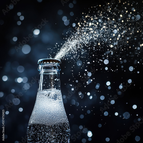 A dynamic close-up of a cold soda bottle being opened, with fizzy bubbles and mist escaping into the air. The background is dark with dramatic lighting, creating an energetic and refreshing effect .