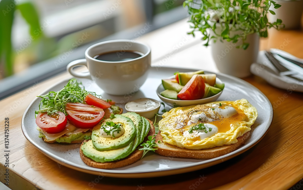 A modern café with low-carb breakfast options. featuring omelets, avocado toast, and bulletproof coffee. promoting taste and dietary preferences. Ideal for café promotions A modern café with low-carb breakfast options. featuring omelets, avocado toast, and bulletproof coffee. promoting taste and dietary preferences. Ideal for café promotions