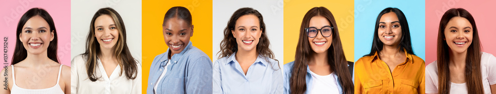 A vibrant collage features diverse women smiling joyfully, set against colorful backgrounds. This collection showcases a range of expressions, celebrating inclusivity. A vibrant collage features diverse women smiling joyfully, set against colorful backgrounds. This collection showcases a range of expressions, celebrating inclusivity.