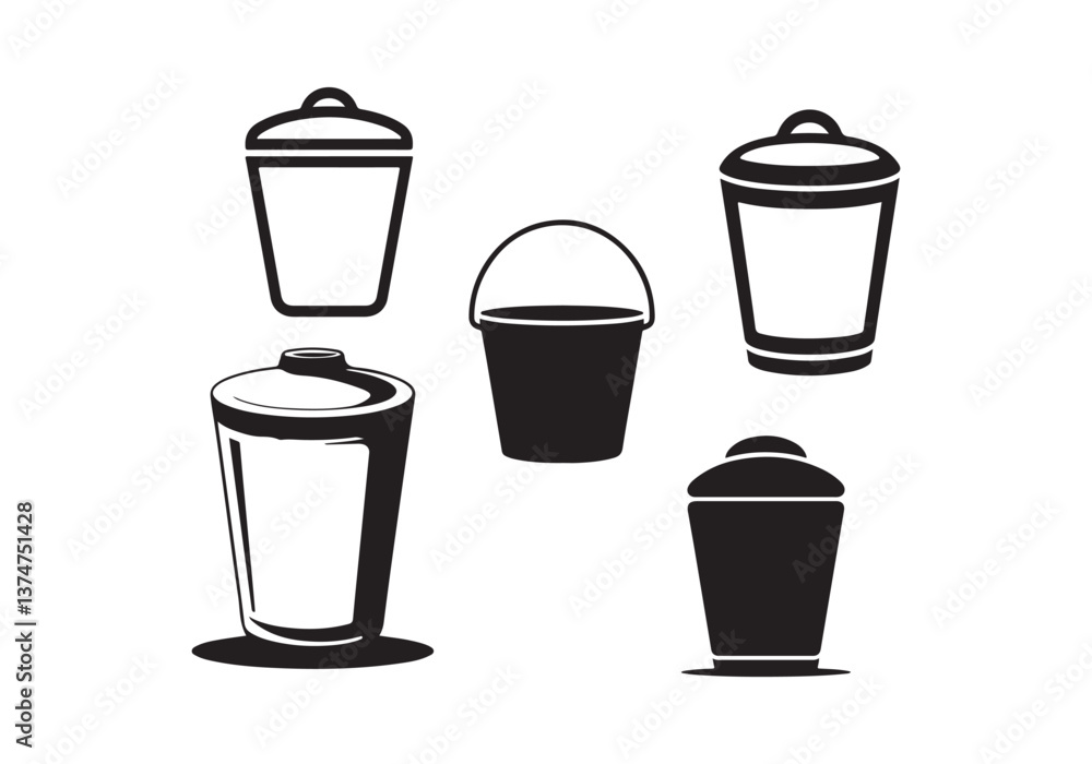 Set of Trash Can Icons, Waste Containers, Black and White Vector Illustrations Set of Trash Can Icons, Waste Containers, Black and White Vector Illustrations