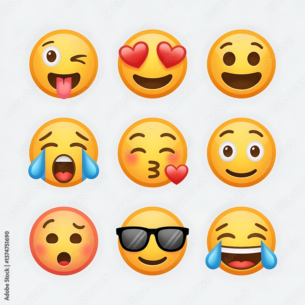 Fototapeta premium This image features a collection of diverse emoji faces, showcasing a variety of emotions like happiness, sadness, love, surprise, and more.