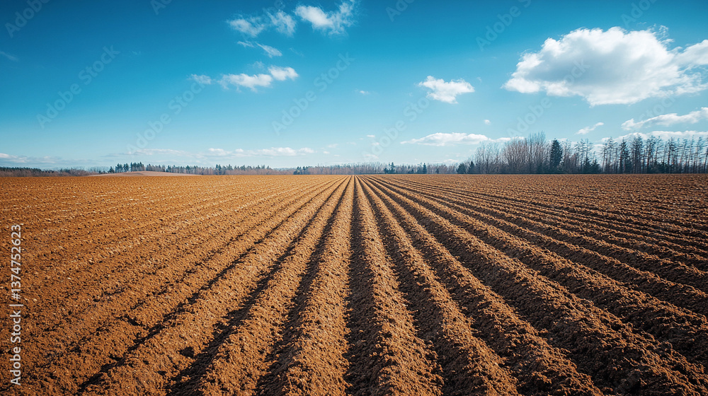 A freshly plowed field symbolizing new beginnings, hard work, and potential for growth, awaiting seeds to be sown for the next crop cycle in a modern agricultural setting A freshly plowed field symbolizing new beginnings, hard work, and potential for growth, awaiting seeds to be sown for the next crop cycle in a modern agricultural setting