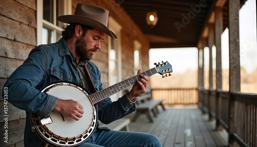 Rustic country musician playing banjo on porch