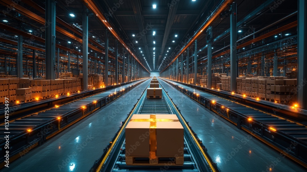 Rows of neatly stacked boxes in a modern warehouse showcase a sophisticated logistics system with automated sorting and streamlined storage facilities during nighttime. Rows of neatly stacked boxes in a modern warehouse showcase a sophisticated logistics system with automated sorting and streamlined storage facilities during nighttime.