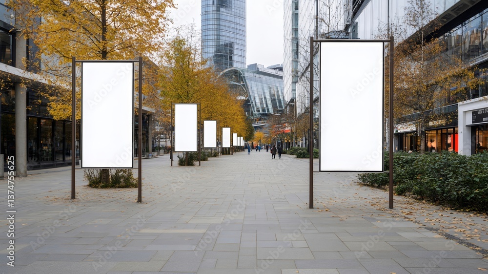 Multiple Blank Billboards Along a City Walkway Multiple Blank Billboards Along a City Walkway