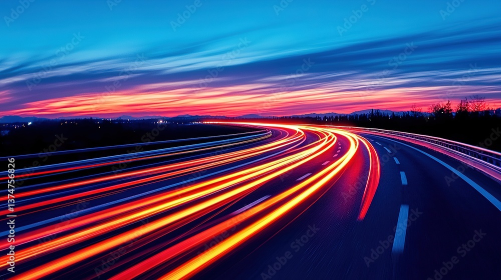 A long exposure shot of a busy highway at night, featuring bright car headlights racing along the road while the sky serves as an ethereal backdrop A long exposure shot of a busy highway at night, featuring bright car headlights racing along the road while the sky serves as an ethereal backdrop
