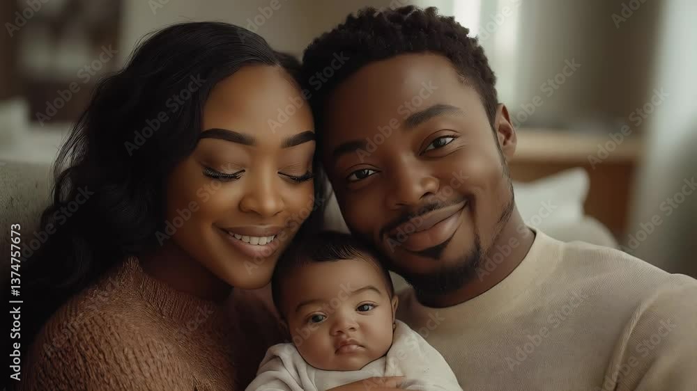 Loving family moments at home: parents and baby smiling together, embracing joy and connection Loving family moments at home: parents and baby smiling together, embracing joy and connection