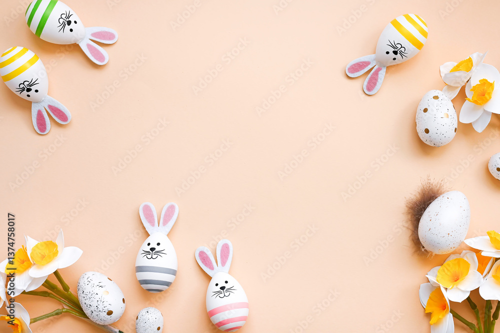 Obraz premium Easter bunny eggs and daffodils