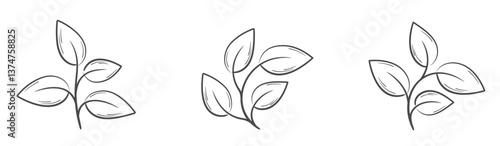 Curved plants with leaves line illustrations. Spring, planting and nature design elements. Isolated vector images