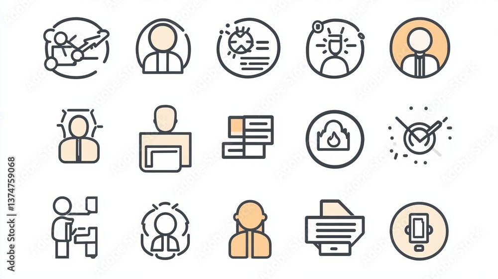 Collection of business related icons featuring people, charts, time, and office equipment on white Collection of business related icons featuring people, charts, time, and office equipment on white
